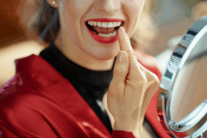 Woman with red lipstick inspecting her teeth in a small mirror